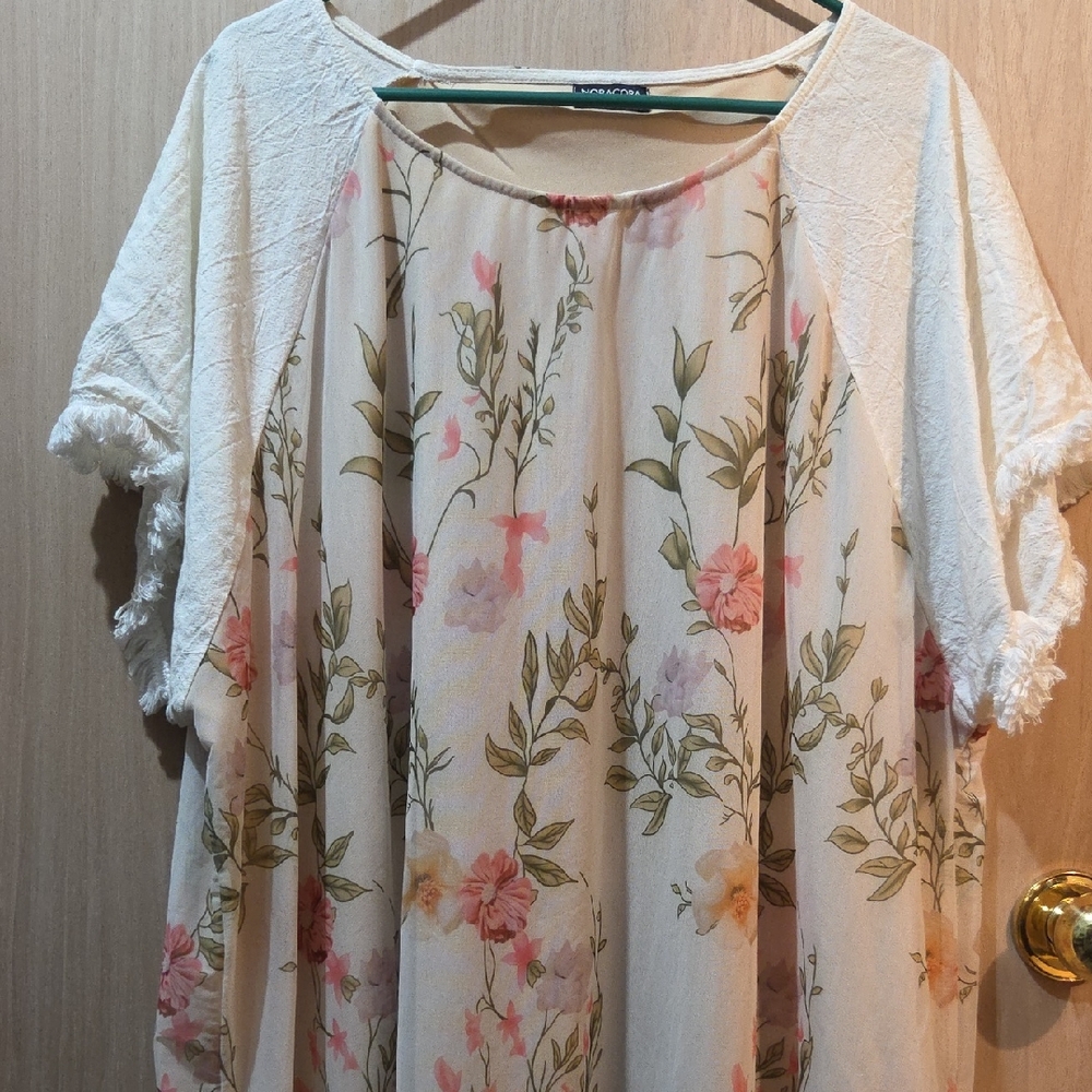 Floral Cream Asymmetrical Women's Dress with Pink Accents